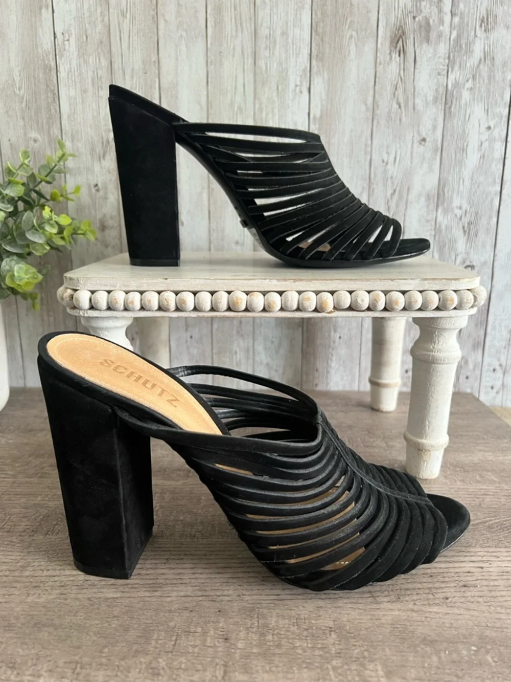 SCHUTZ Veronika Nubuck Suede Black Strappy Cage Sandals Size 9.5